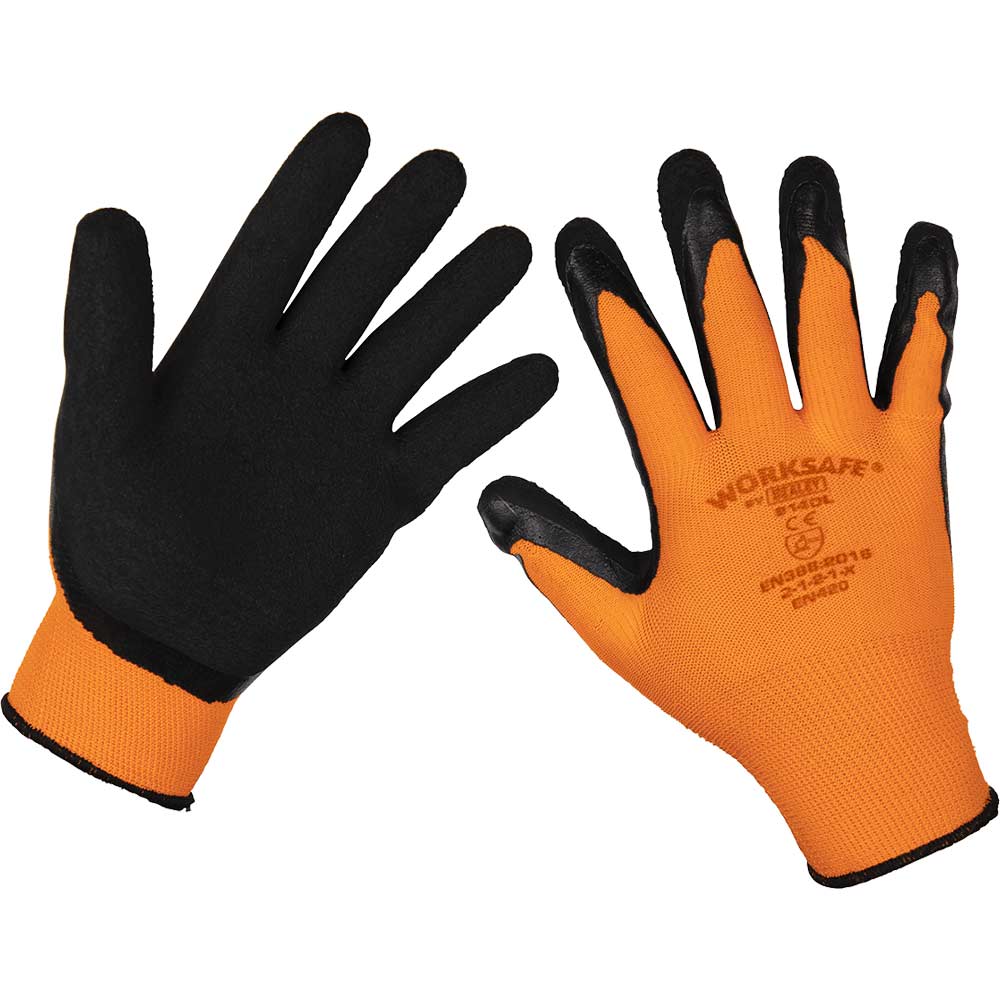 Sealey Worksafe Foam Latex Grip Gloves Black / Orange L Pack of 6