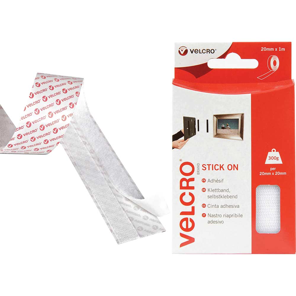 Image of Velcro Stick On Tape White 20mm 1m Pack of 1