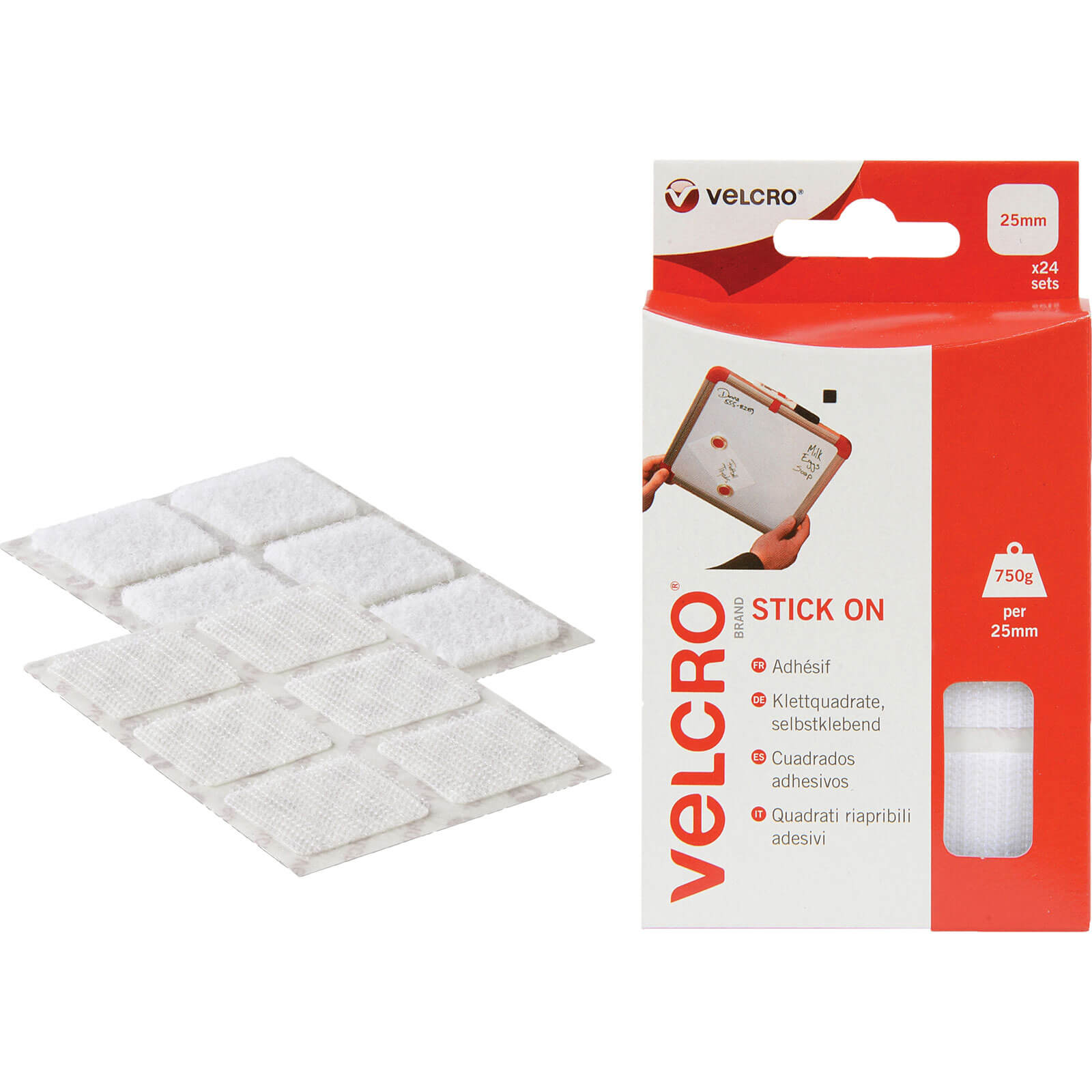 Image of Velcro Stick On Squares White 25mm 25mm Pack of 24