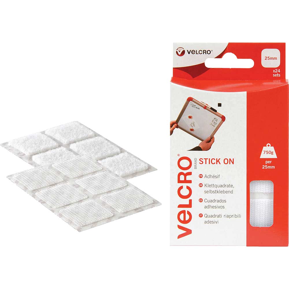 Image of Velcro Stick On Squares White 25mm 25mm Pack of 24