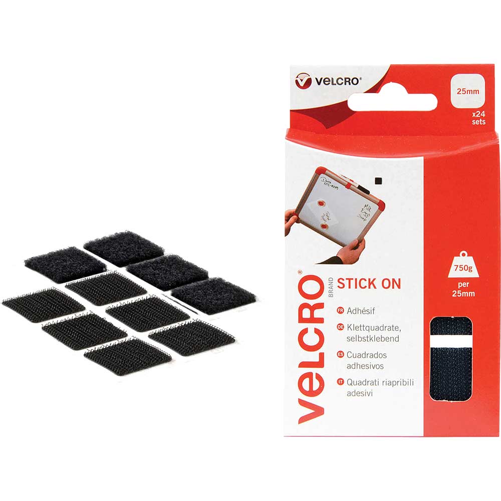 Image of Velcro Stick On Squares Black 25mm 25mm Pack of 24