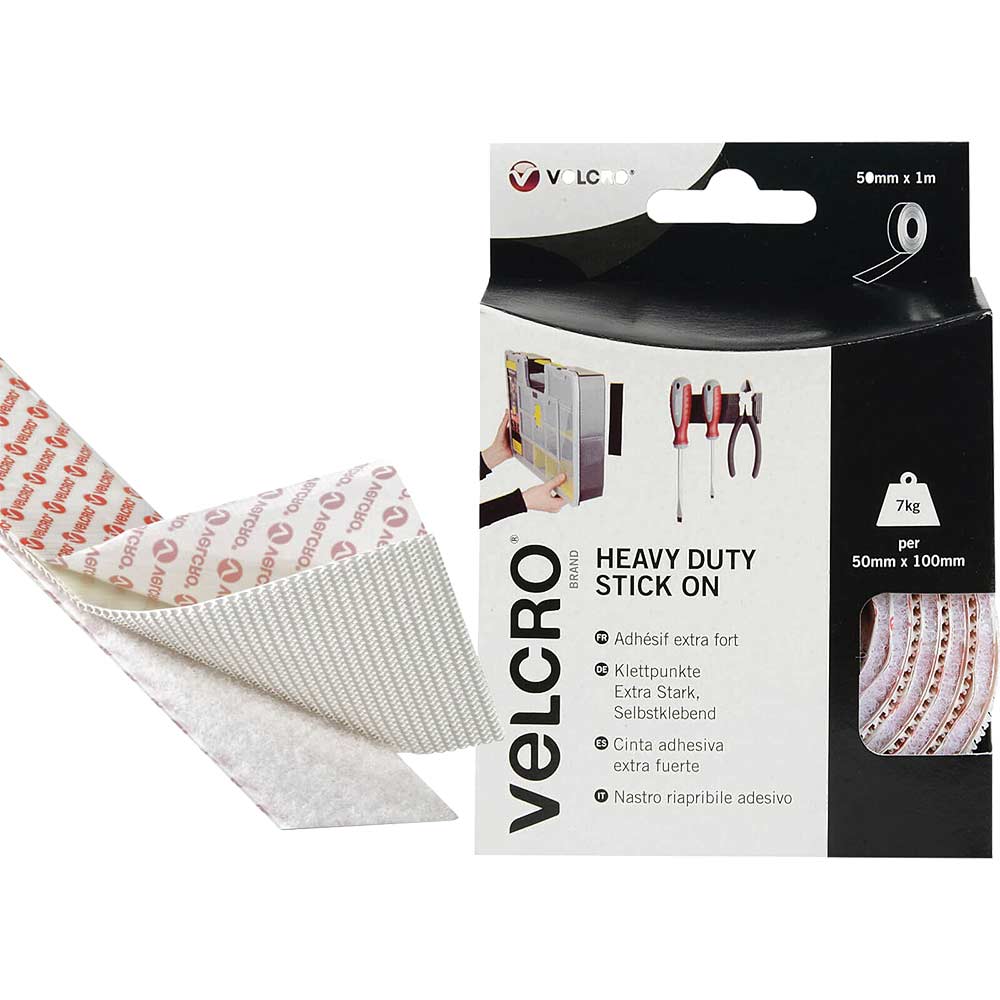 Image of Velcro Heavy Duty Stick On Tape White 50mm 1m Pack of 1