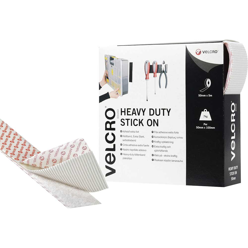 Image of Velcro Heavy Duty Stick On Tape White 50mm 5m Pack of 1