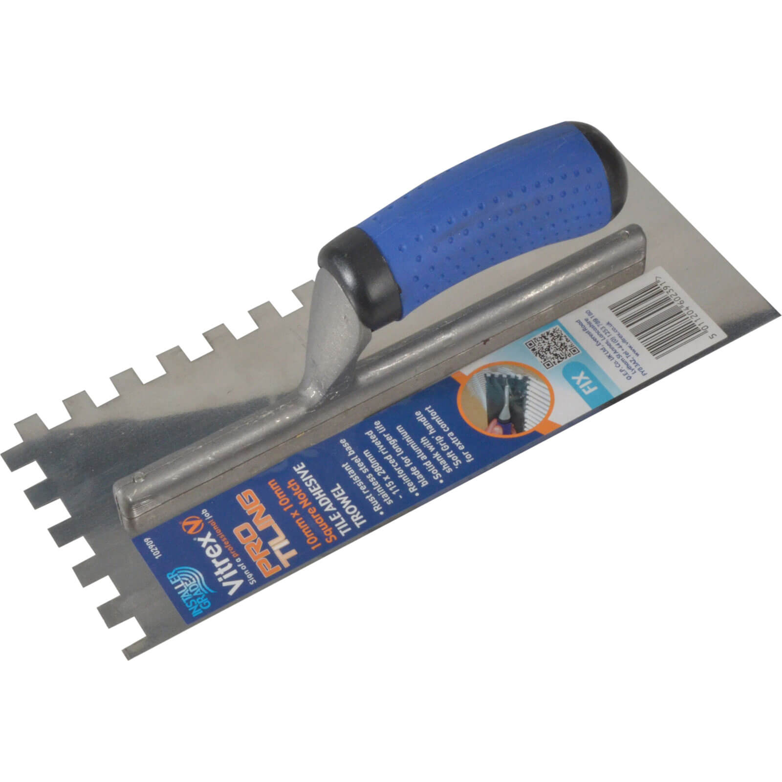 Image of Vitrex Professional Stainless Steel 10mm Notched Adhesive Trowel 11" 4" 1/2"