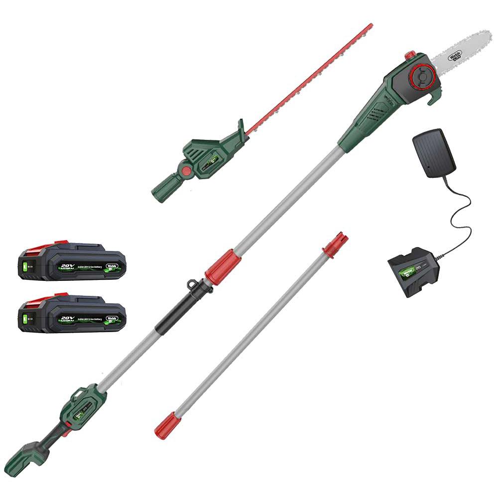 Webb Eco WEV20PSHT 20v Cordless Long Reach Hedge Trimmer 500mm and Pruner Attachment 2 x 2ah Li-ion Battery Charger