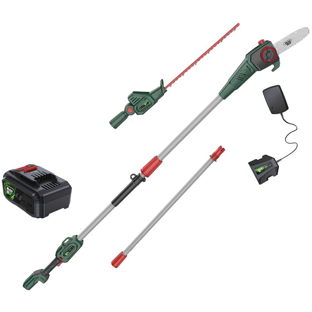 Webb Eco WEV20PSHT 20v Cordless Long Reach Hedge Trimmer 500mm and Pruner Attachment 1 x 4ah Li-ion Battery Charger