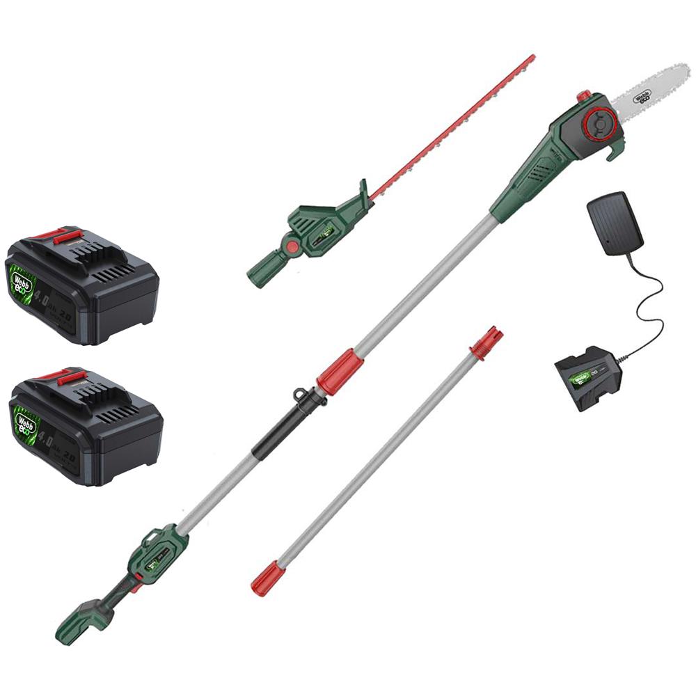 Webb Eco WEV20PSHT 20v Cordless Long Reach Hedge Trimmer 500mm and Pruner Attachment 2 x 4ah Li-ion Battery Charger