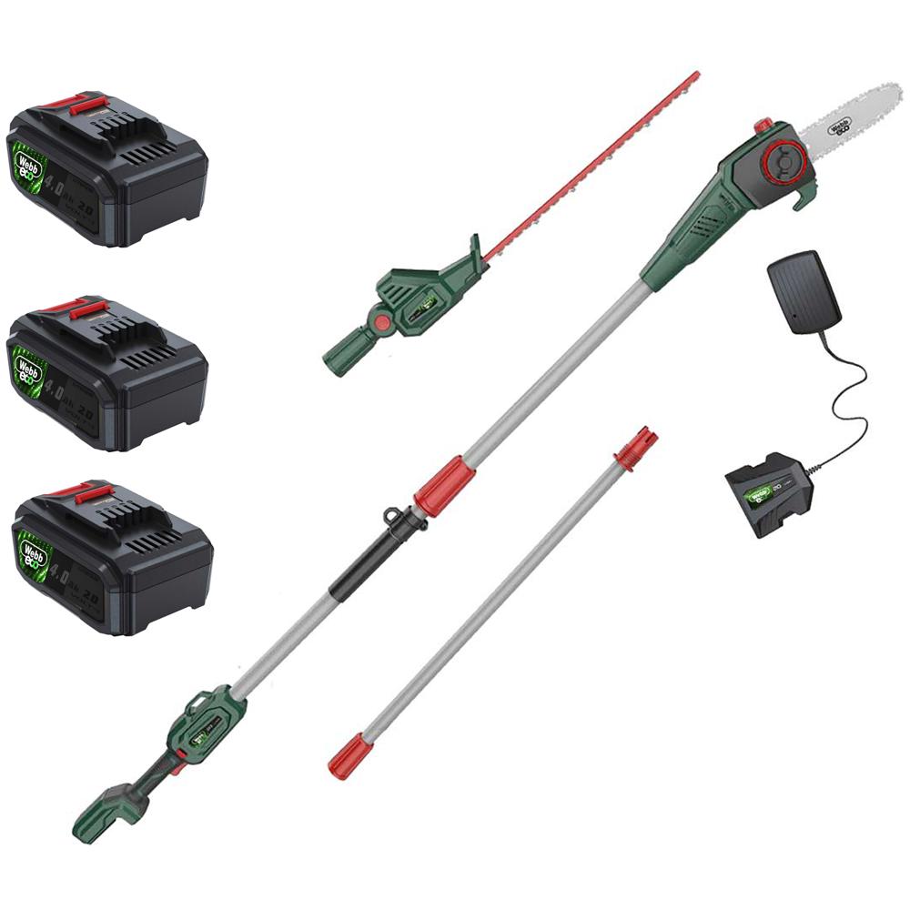 Webb Eco WEV20PSHT 20v Cordless Long Reach Hedge Trimmer 500mm and Pruner Attachment 3 x 4ah Li-ion Battery Charger