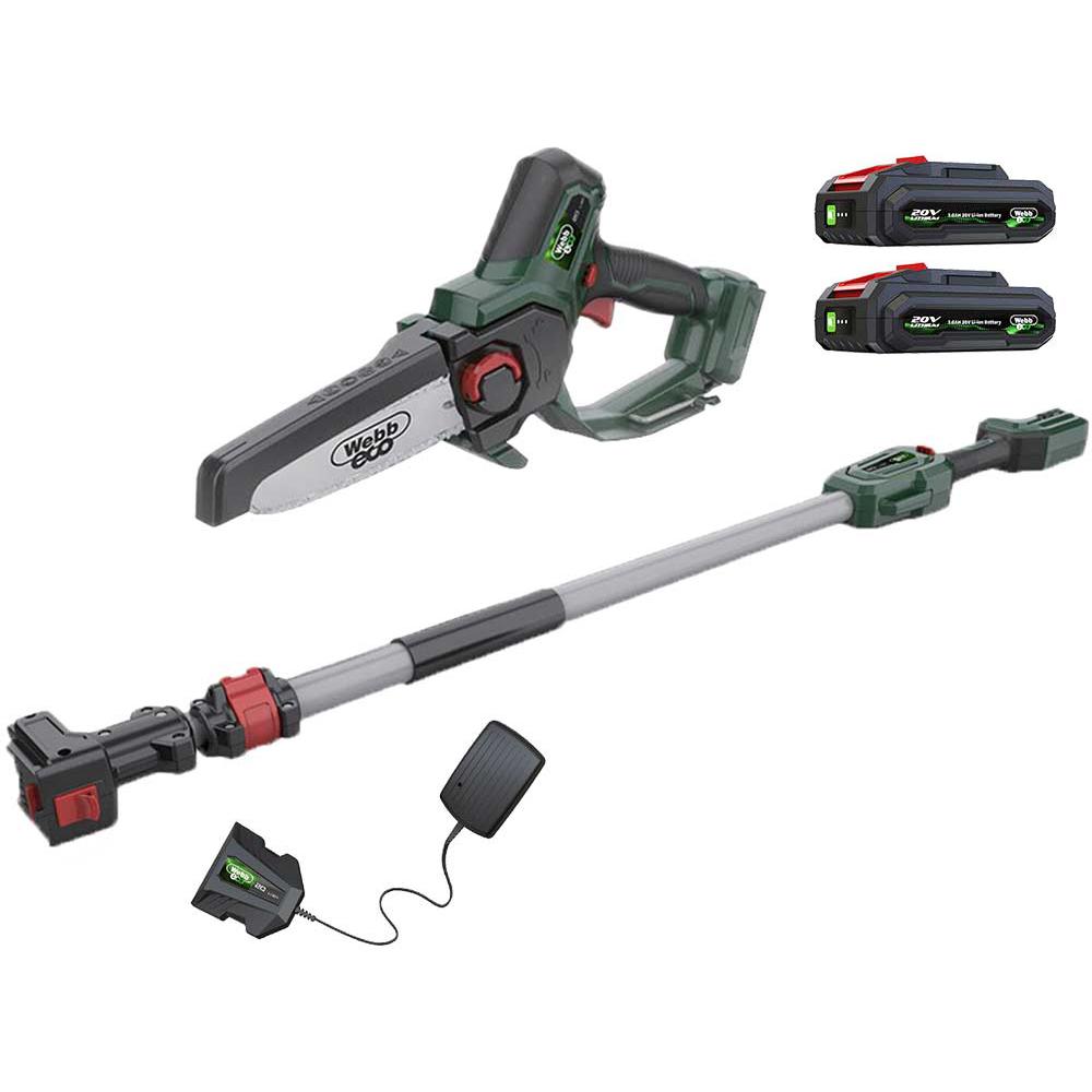 Webb Eco WEV20EXTPS 20v Cordless Pruning Saw 150mm with Extension Pole 2 x 2ah Li-ion Battery Charger
