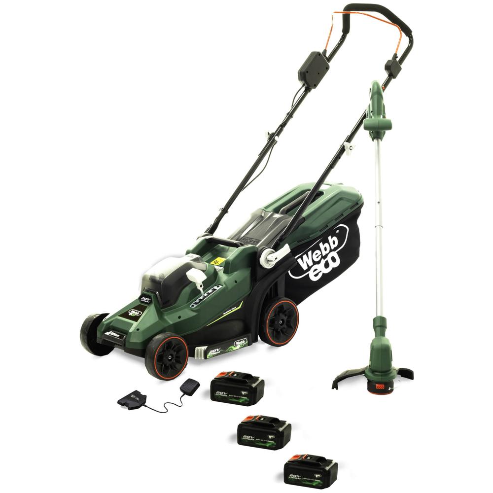 Webb Eco 20v Cordless Lawnmower and Grass Trimmer Garden Power Tool Kit 3 x 4ah Li-ion Battery Charger