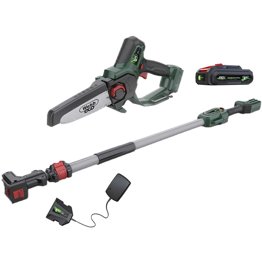 Webb WEV20EXTPS 20v Cordless Pruning Saw 150mm with Extension Pole 1 x 2ah Li-ion Battery Charger