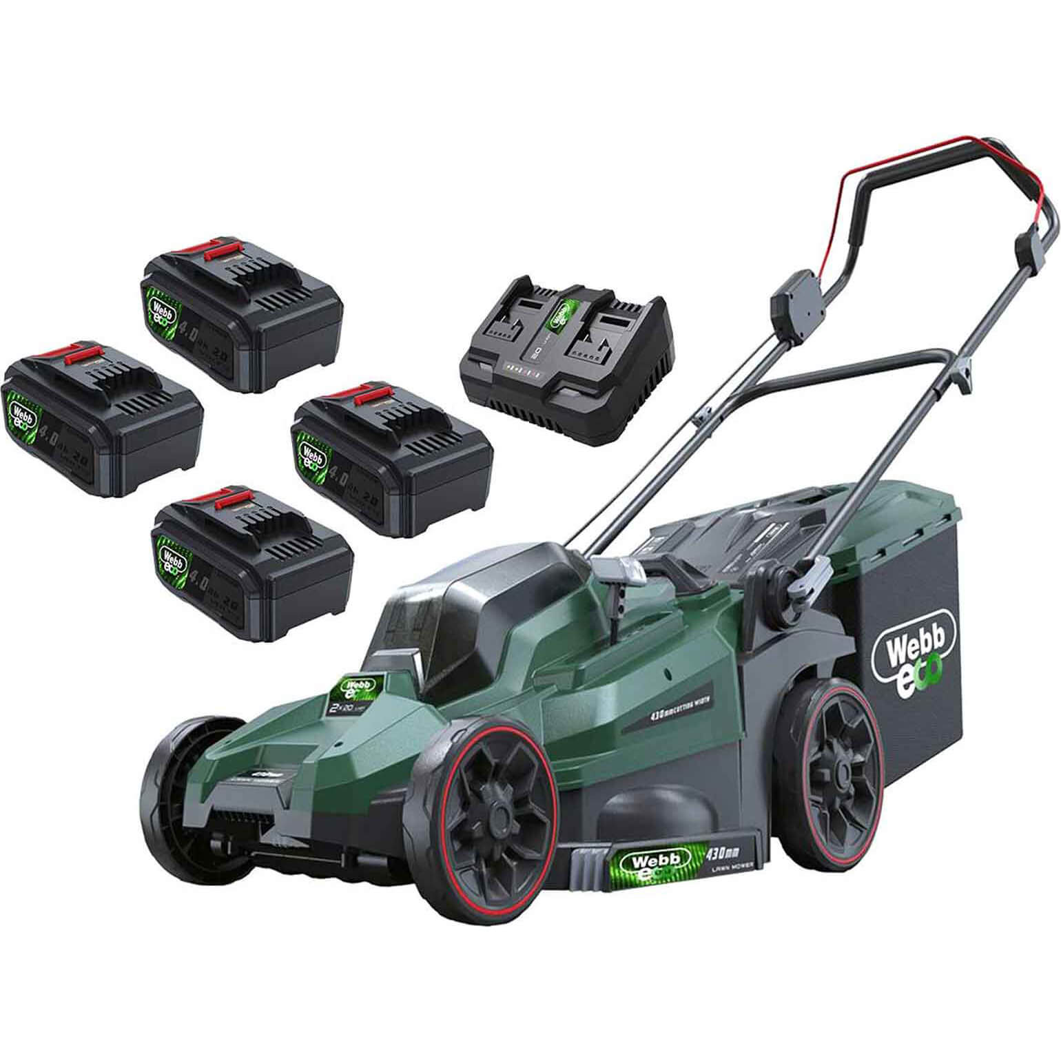 Webb WEV20X2LM43 40v Cordless Brushless 2 in 1 Rotary Lawnmower 430mm 4 x 4ah Li-ion Battery Charger