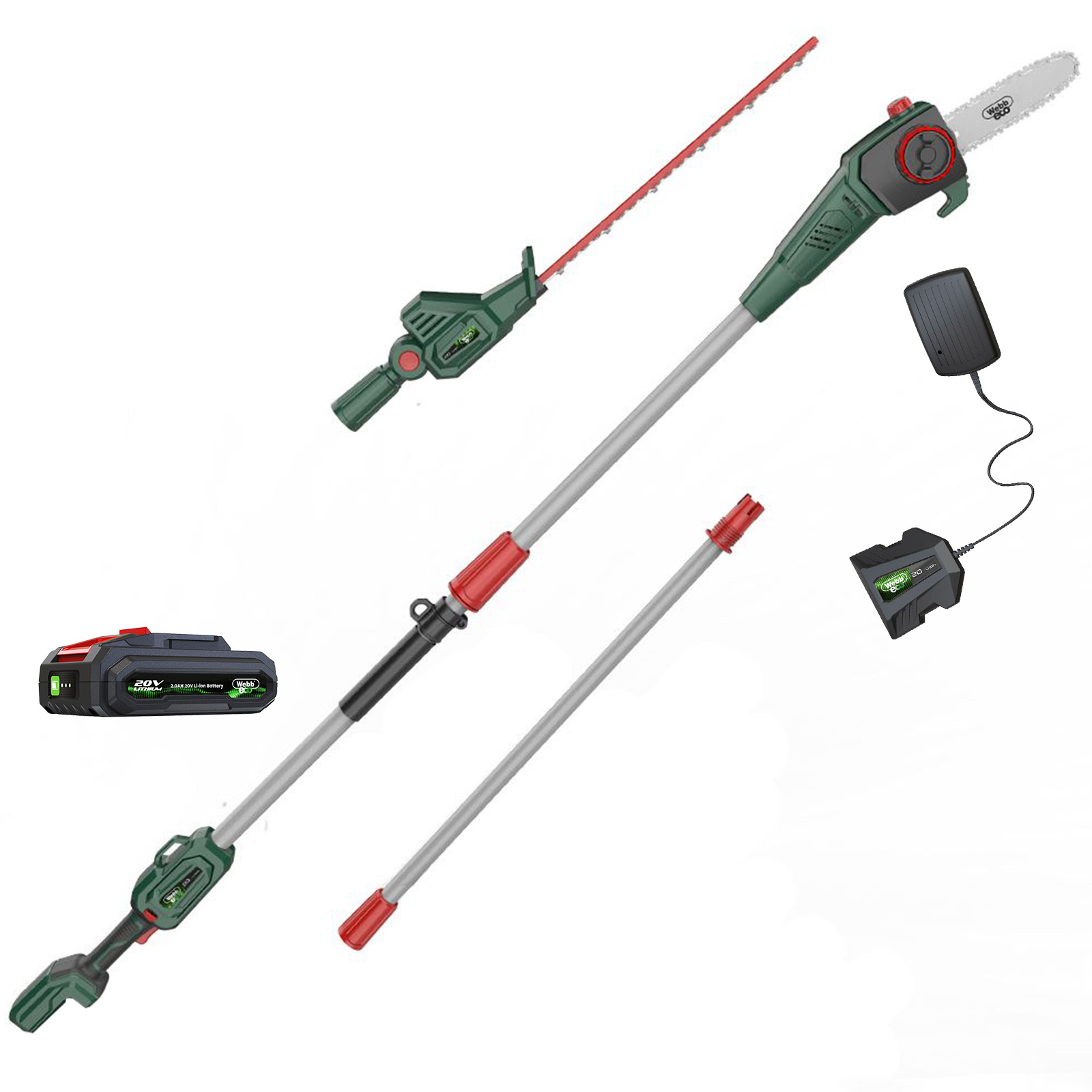 Webb WEV20PSHT 20v Cordless Long Reach Hedge Trimmer 500mm and Pruner Attachment 1 x 2ah Li-ion Charger