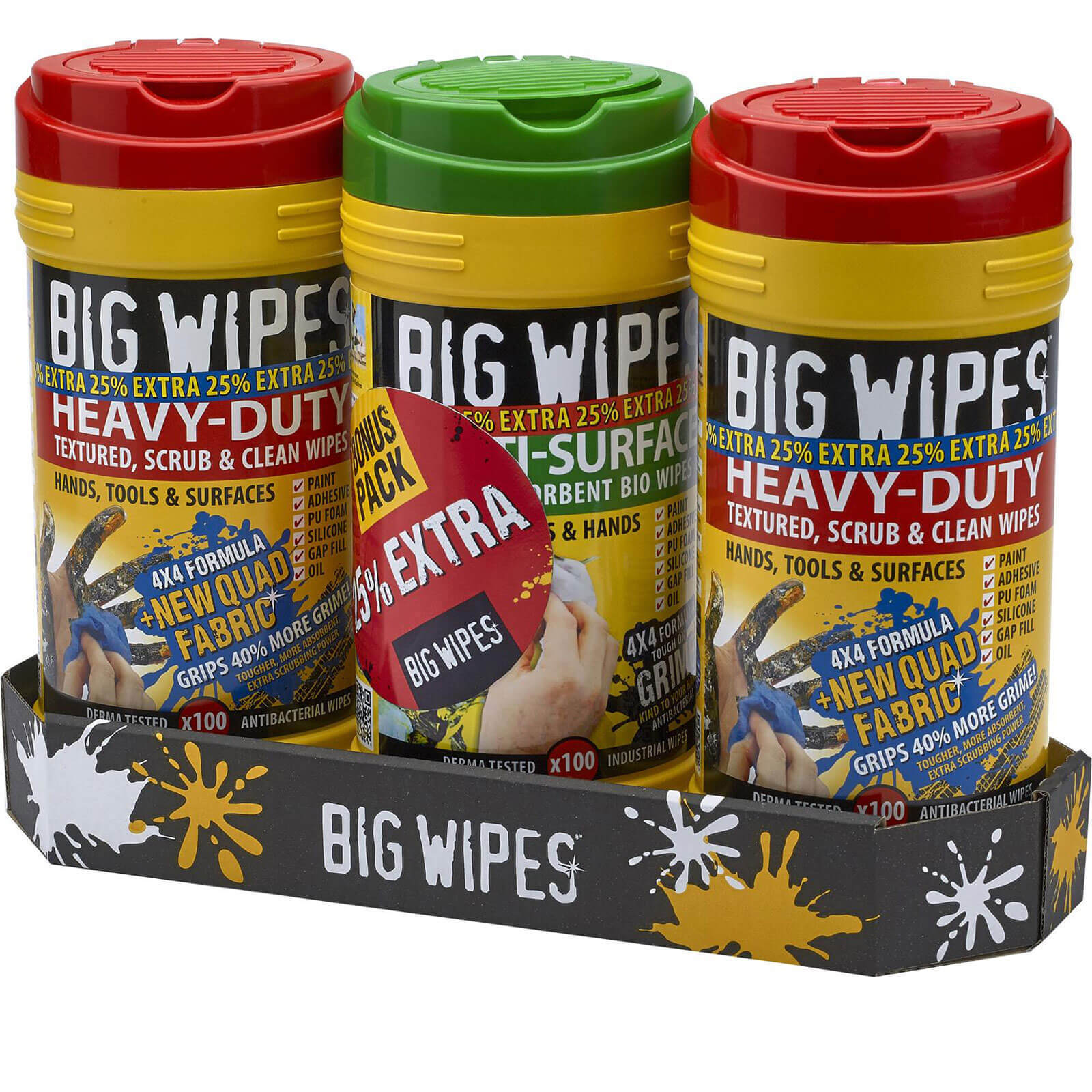 Image of Big Wipes 3 Pack Scrub and Clean Antibacterial Heavy Duty Hand Wipes 25% Extra Free