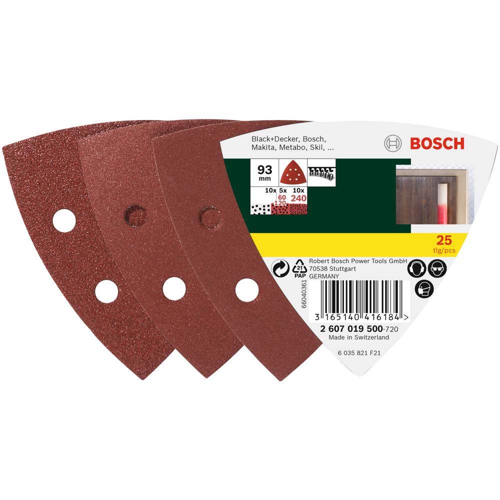 Bosch Hook and Loop Delta Sanding Sheets 93mm x 93mm Assorted Pack of 25