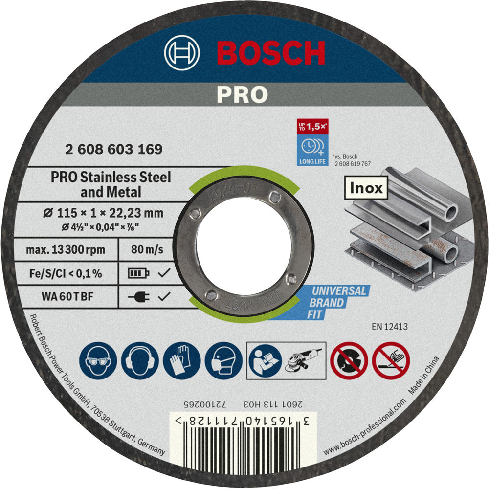 Image of Bosch PRO Rapido Stainless Inox Flat Angle Grinder Fast Cutting Disc 115mm 1mm 22mm