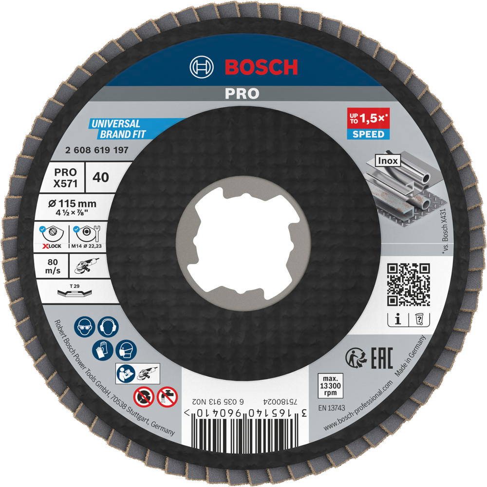 Image of Bosch PRO X Lock Zirconium Abrasive Flap Disc 115mm 40g Pack of 1