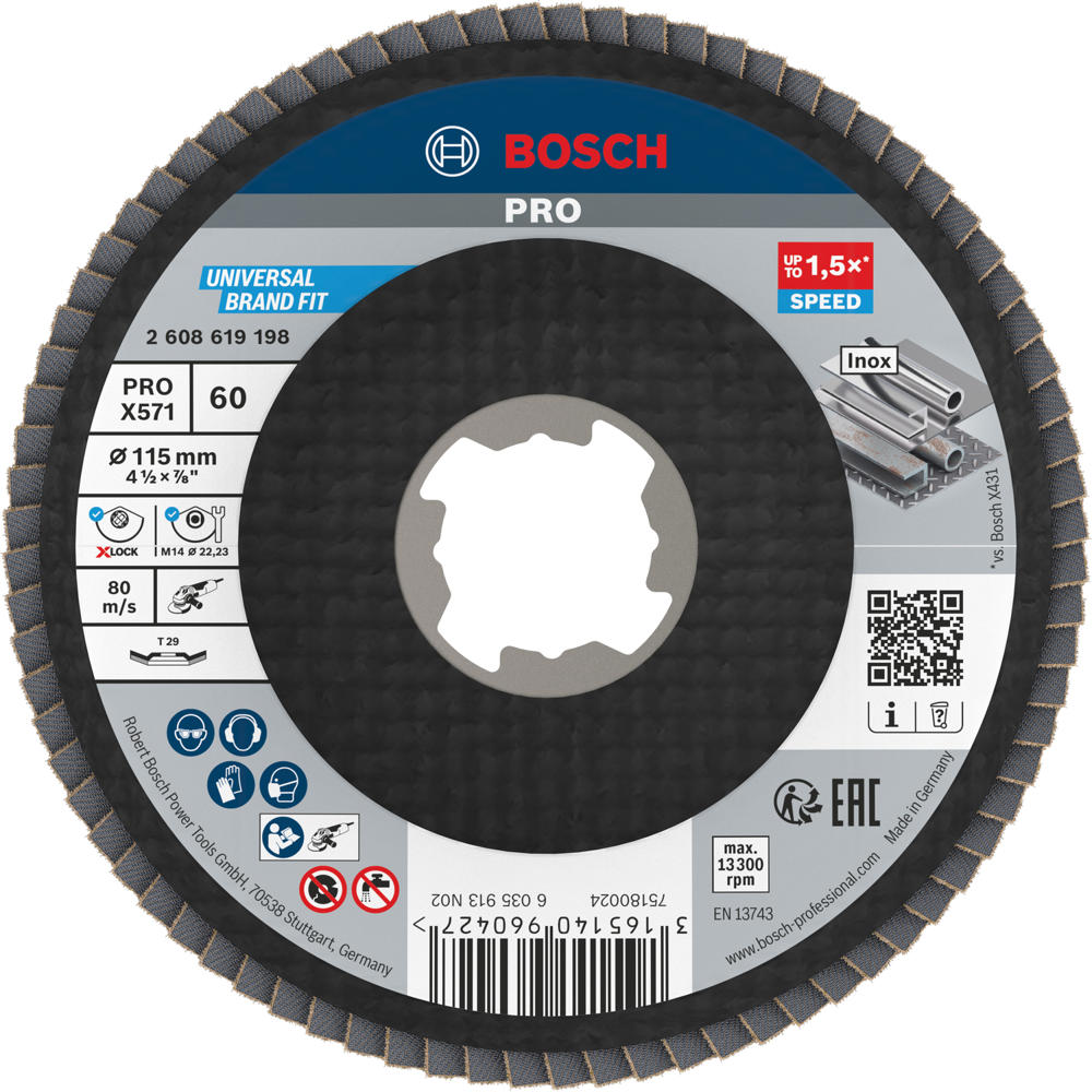 Image of Bosch PRO X Lock Zirconium Abrasive Flap Disc 115mm 60g Pack of 1