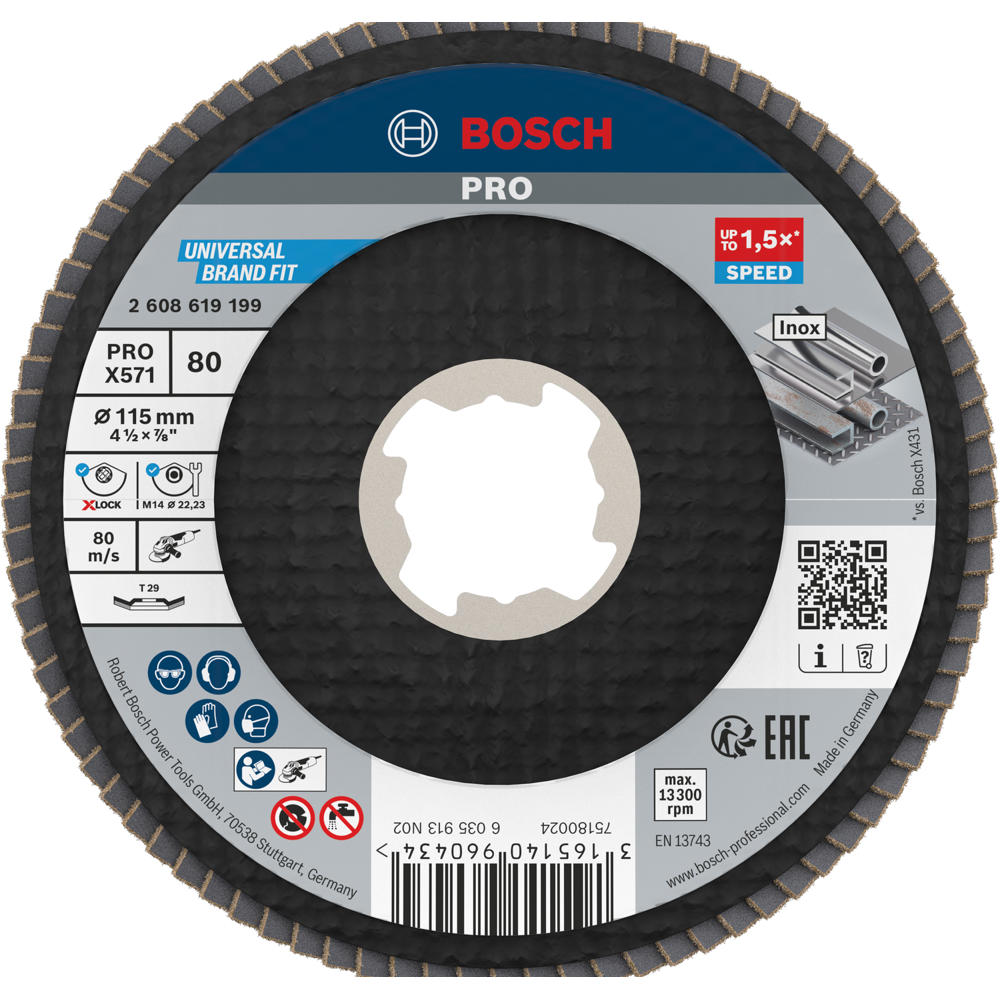 Bosch PRO X Lock Zirconium Abrasive Flap Disc 125mm 120g Pack of 1