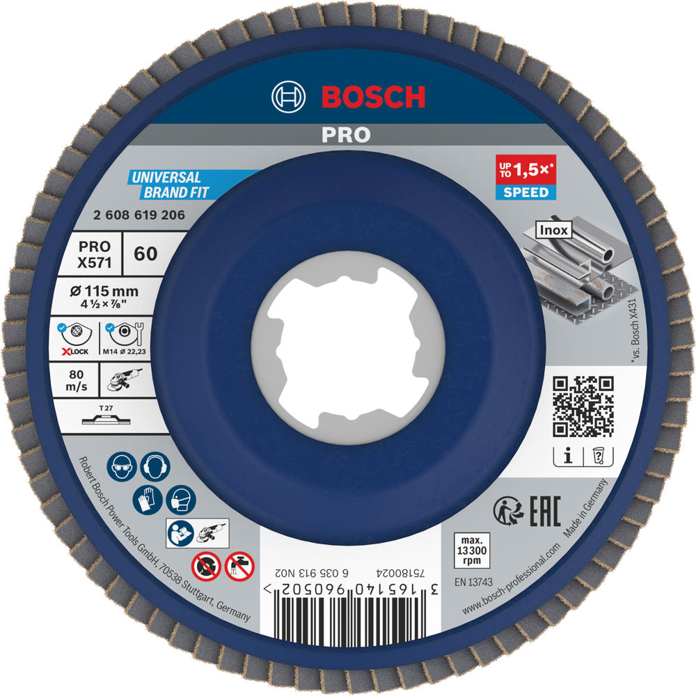 Image of Bosch PRO X Lock Zirconium Abrasive Straight Flap Disc 115mm 60g Pack of 1
