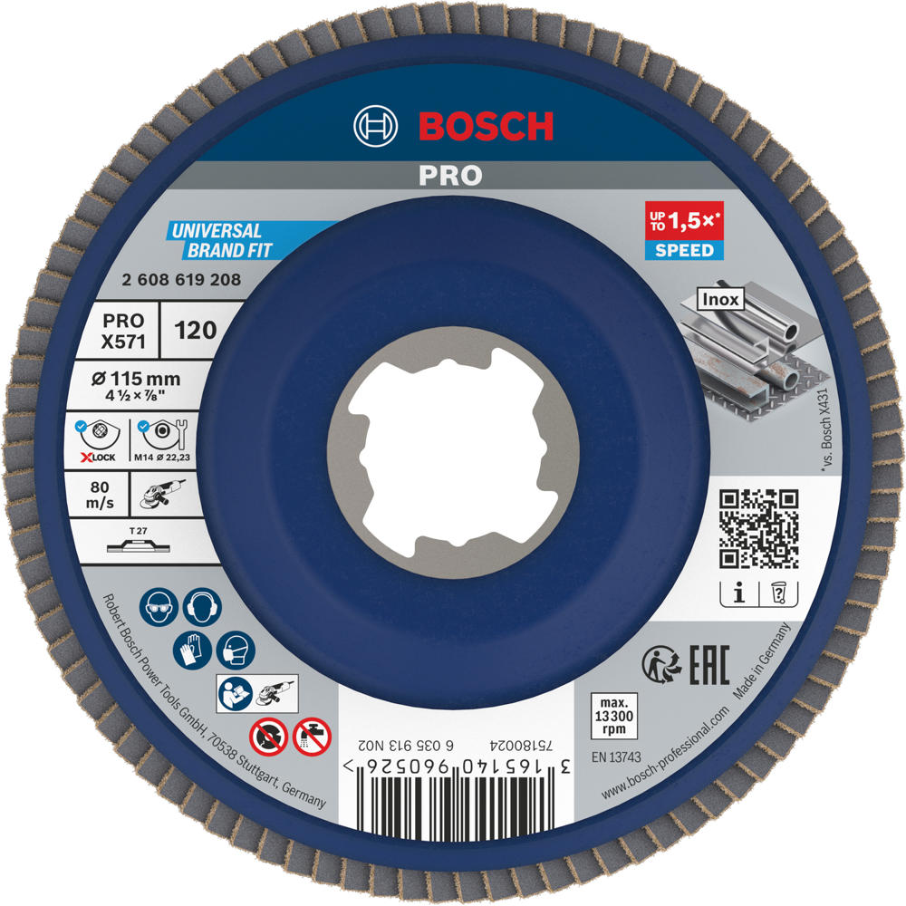 Bosch PRO X Lock Zirconium Abrasive Straight Flap Disc 125mm 120g Pack of 1