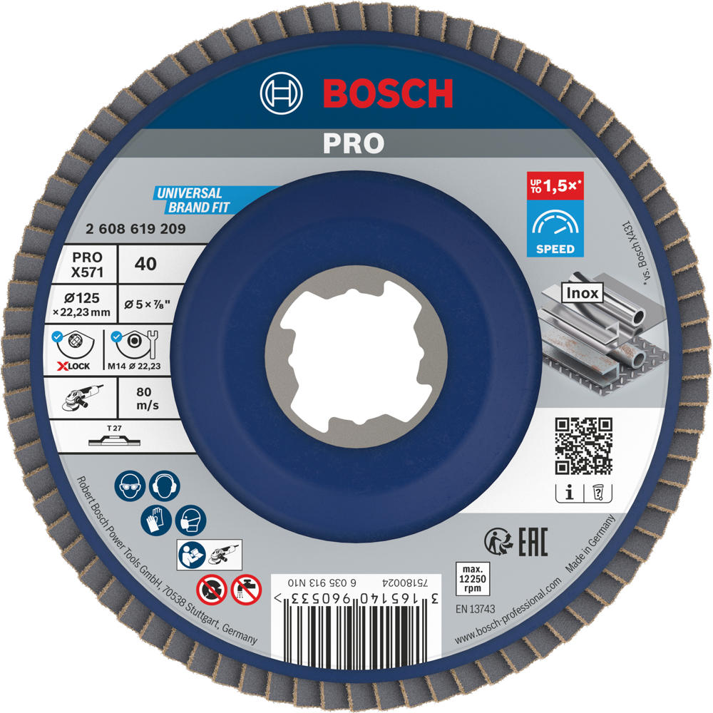 Image of Bosch PRO X Lock Zirconium Abrasive Straight Flap Disc 125mm 40g Pack of 1