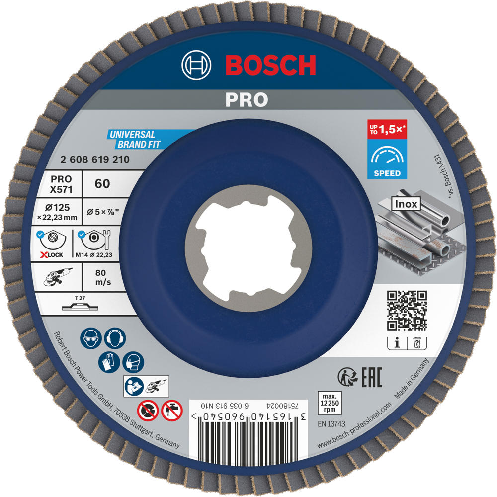 Image of Bosch PRO X Lock Zirconium Abrasive Straight Flap Disc 125mm 60g Pack of 1