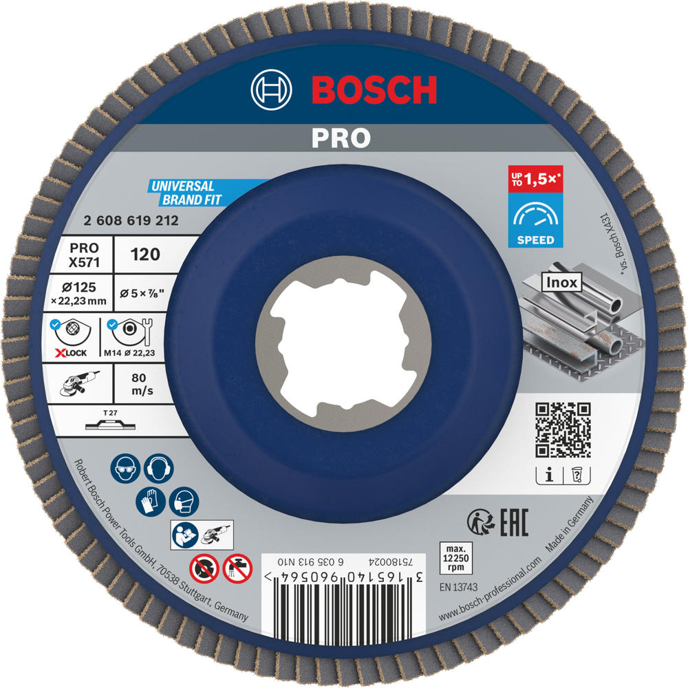 Image of Bosch PRO X Lock Zirconium Abrasive Straight Flap Disc 125mm 120g Pack of 1