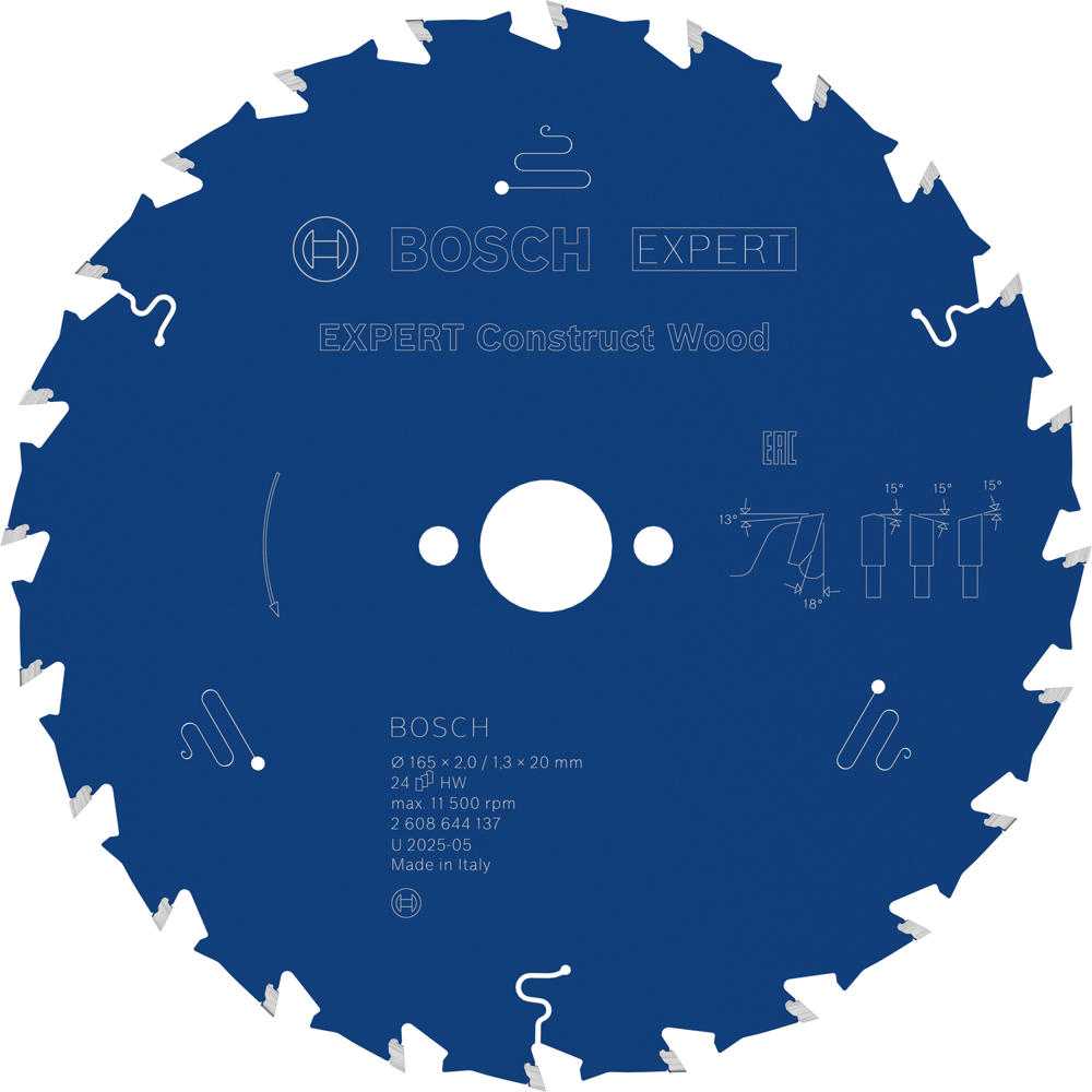 Bosch EXPERT Construct Wood Cutting Saw Blade 165mm 24T 20mm