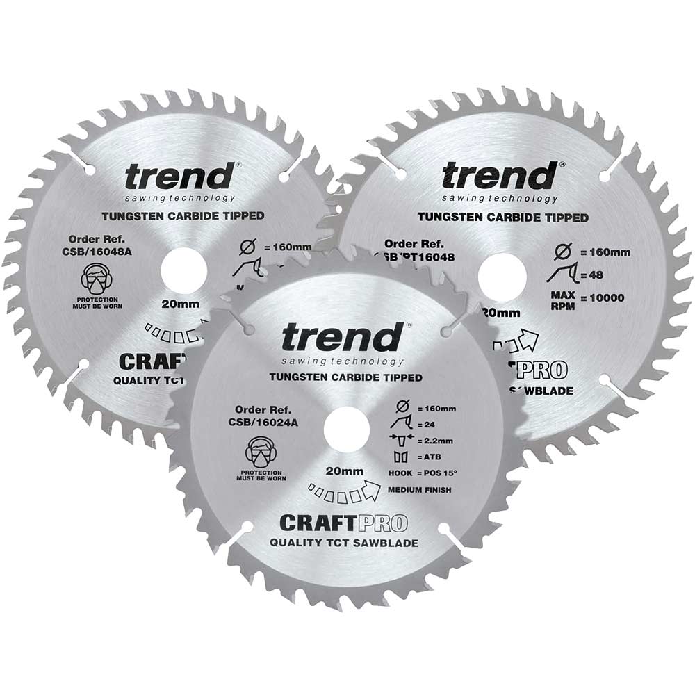 Trend CRAFTPRO 3 Piece 160mm Circular Saw Blade Set 160mm Assorted Teeth 20mm