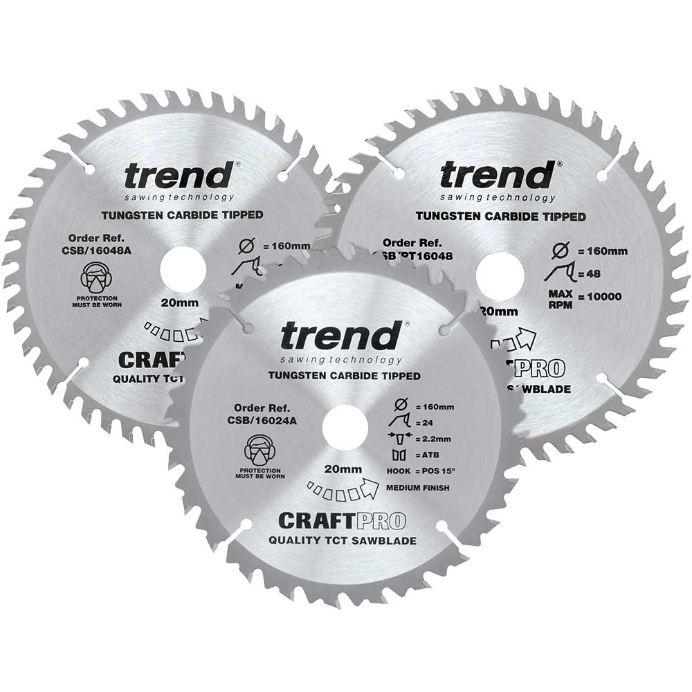 Image of Trend CRAFTPRO 3 Piece 160mm Circular Saw Blade Set 160mm Assorted Teeth 20mm