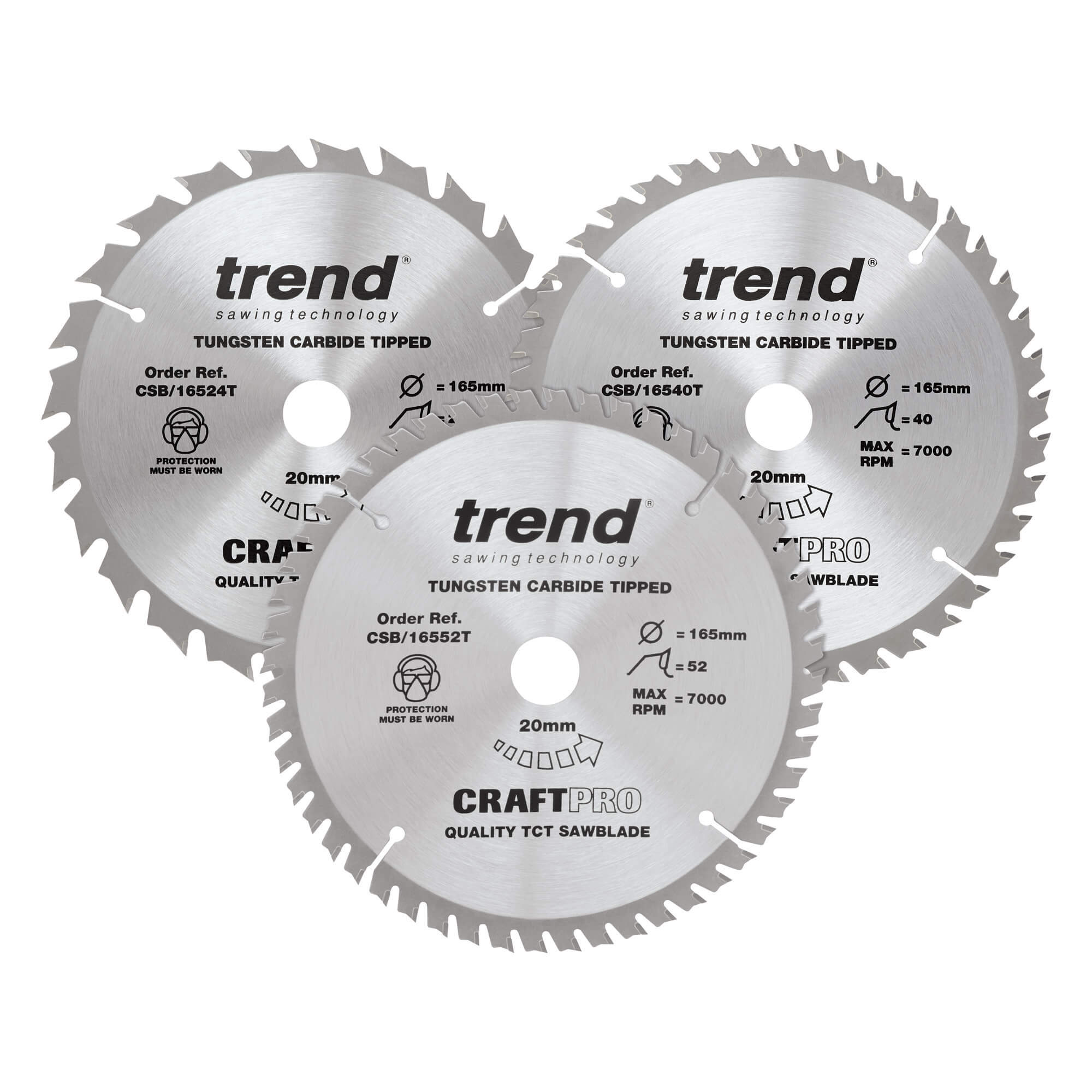 Image of Trend CRAFTPRO 3 Piece 165mm Circular Saw Blade Set 165mm Assorted Teeth 20mm