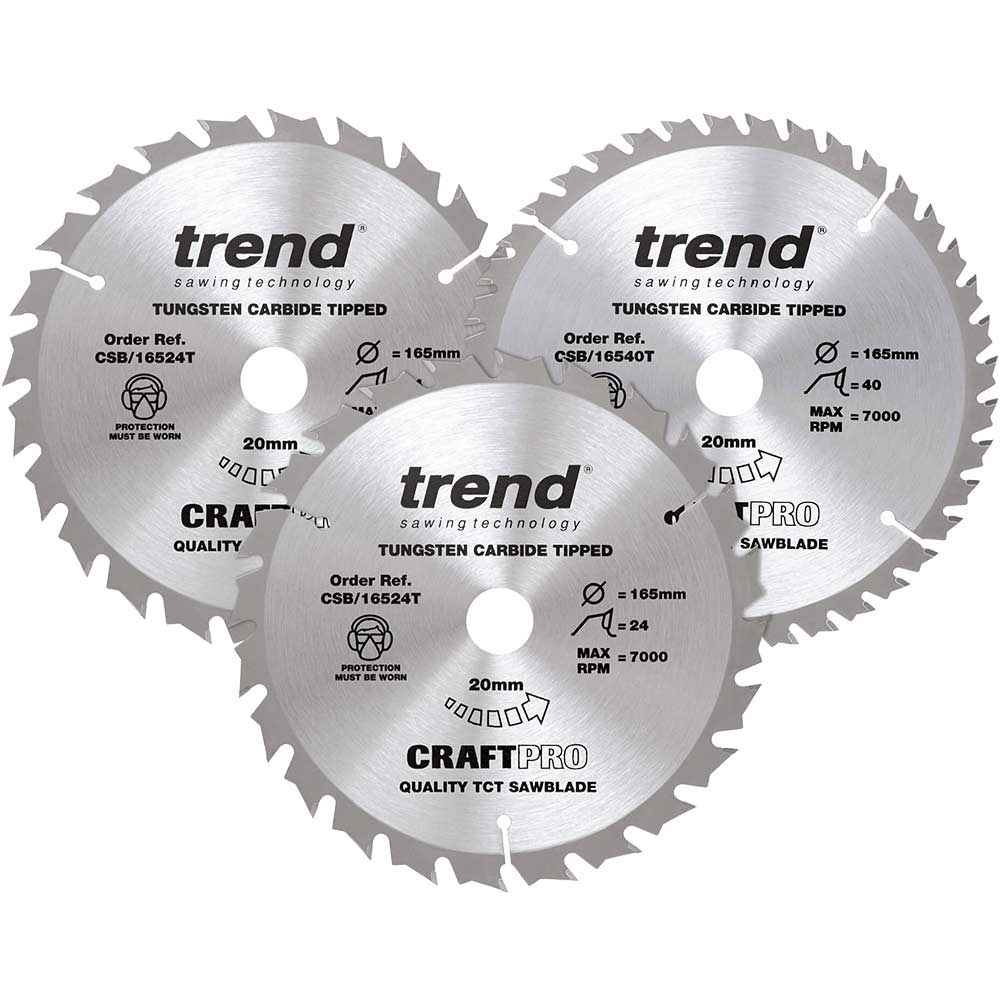 Trend CRAFTPRO 3 Piece 165mm Circular Saw Blade Set 165mm Assorted Teeth 20mm