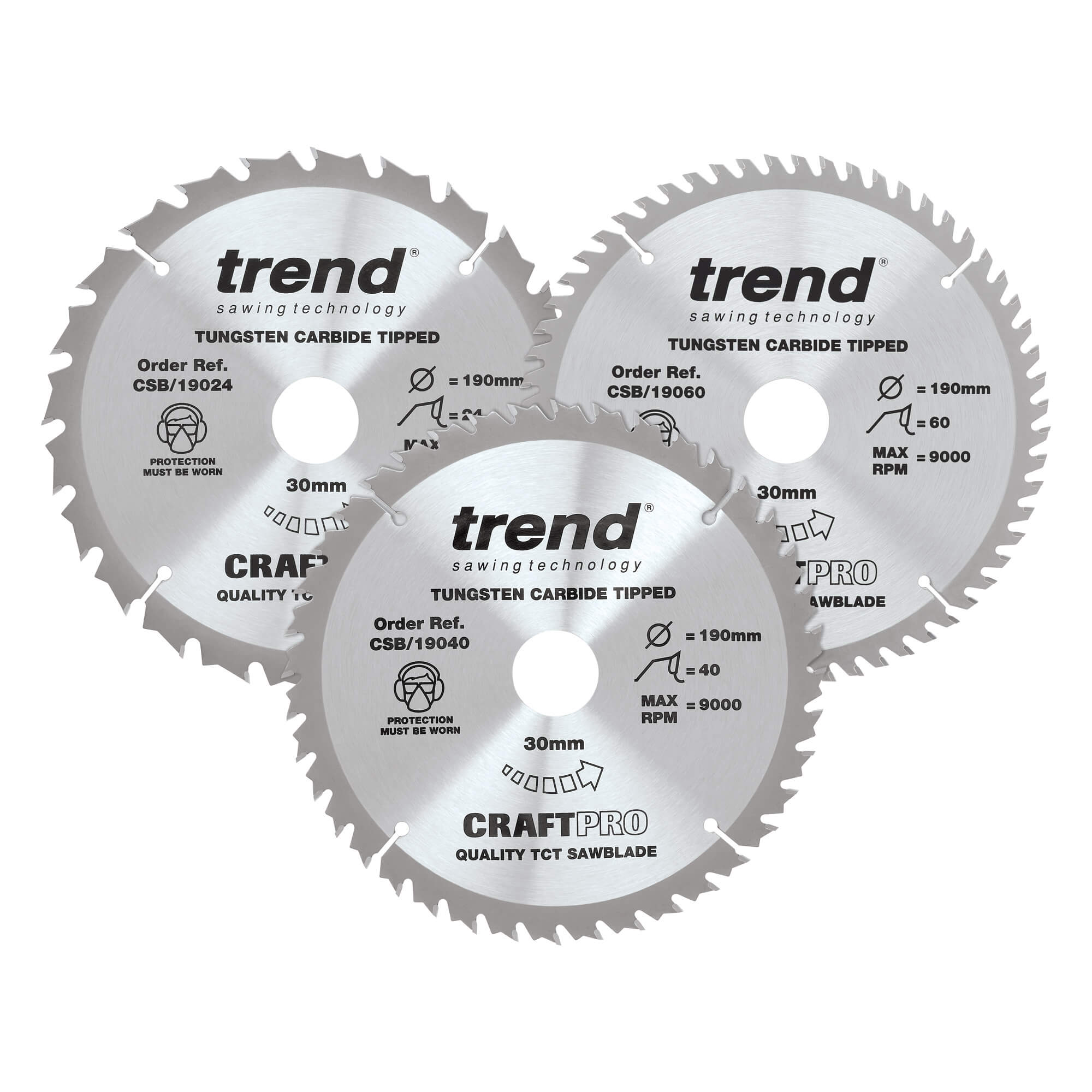 Image of Trend CRAFTPRO 3 Piece 190mm Circular Saw Blade Set 190mm Assorted Teeth 30mm
