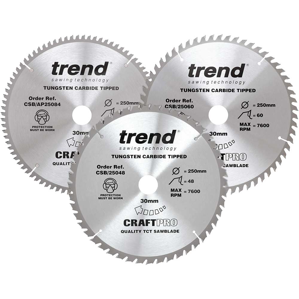 Image of Trend CRAFTPRO 3 Piece 250mm Circular Saw Blade Set 250mm Assorted Teeth 30mm