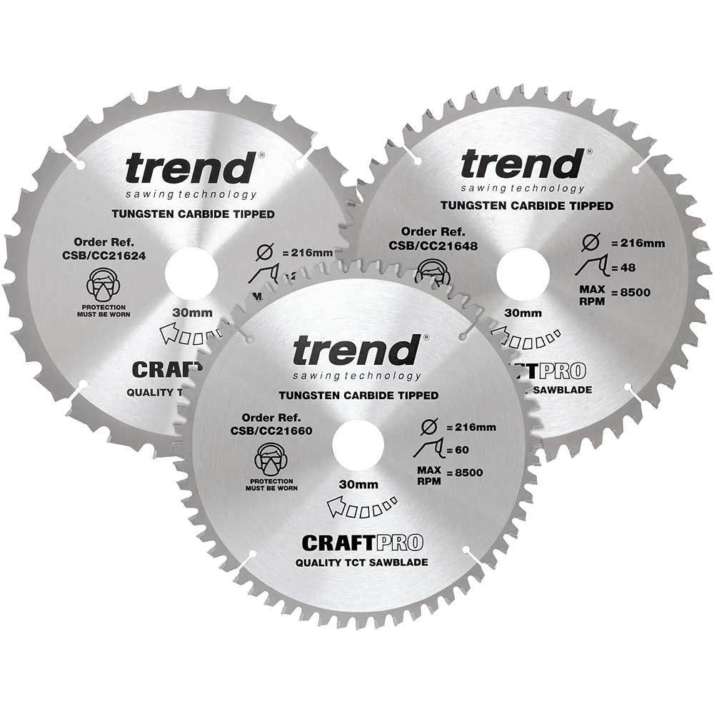 Image of Trend CRAFTPRO 3 Piece 216mm Circular Saw Blade Set 216mm Assorted Teeth 30mm