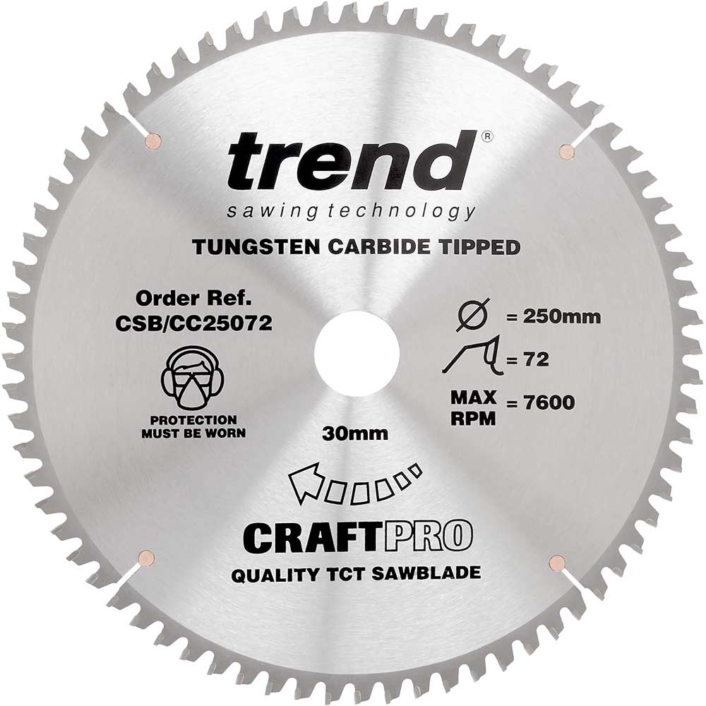 Trend CRAFTPRO Wood Cutting Mitre Saw Blade 250mm 72T 30mm