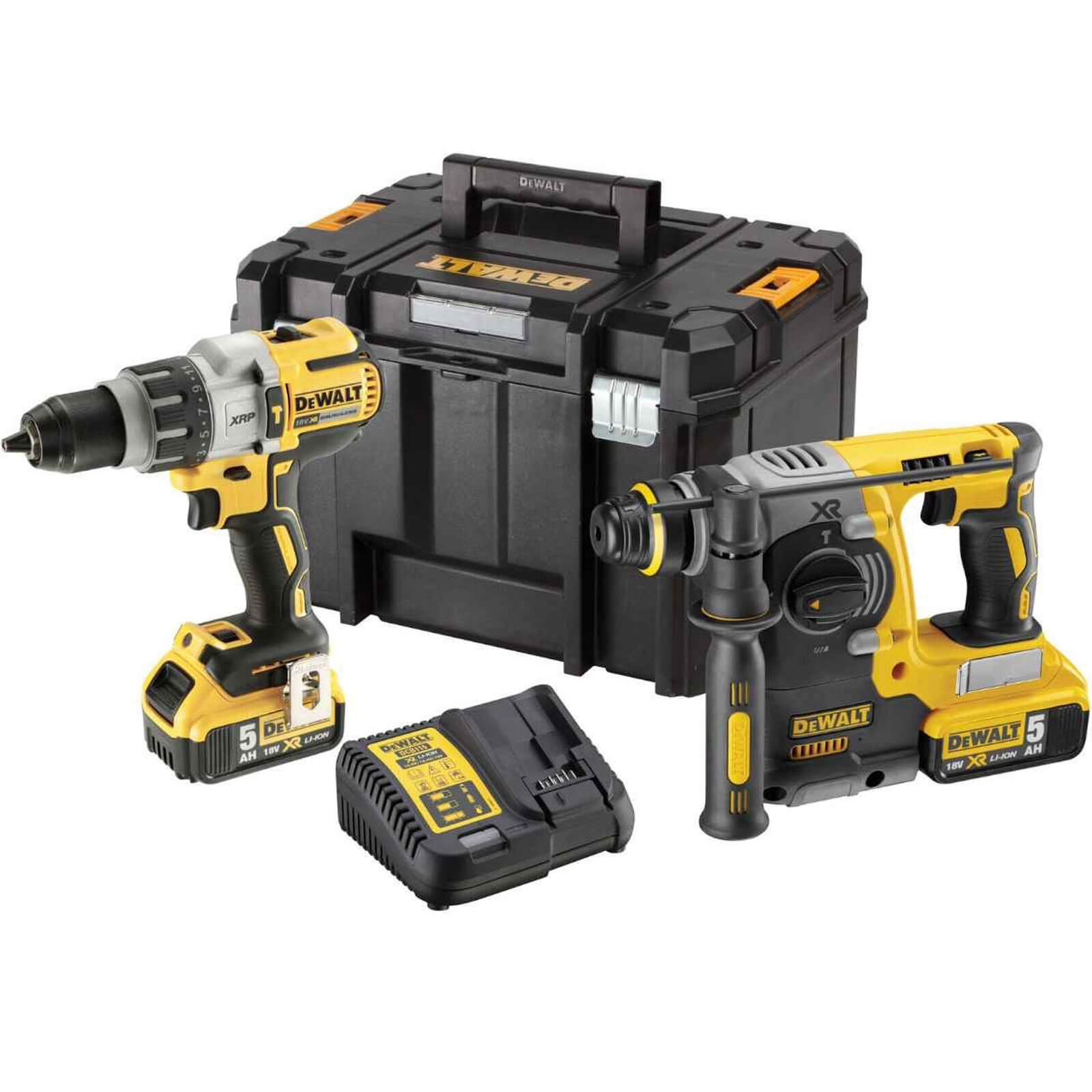 Image of DeWalt DCK229P2T 18v XR Cordless Brushless Combi Drill and SDS Drill Kit 2 x 5ah Li-ion Charger Case