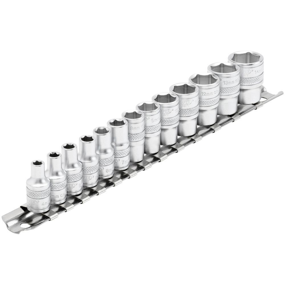 Draper 13 Piece 1/4" Drive Hex Socket Set Metric Set On Rail 1/4