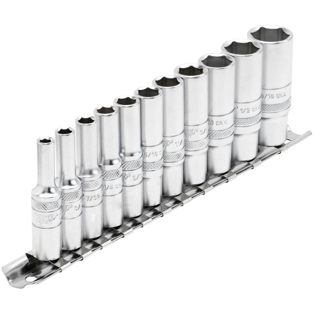 Draper Expert 11 Piece 1/4" Drive Deep Hex Socket Set Imperial on Rail 1/4