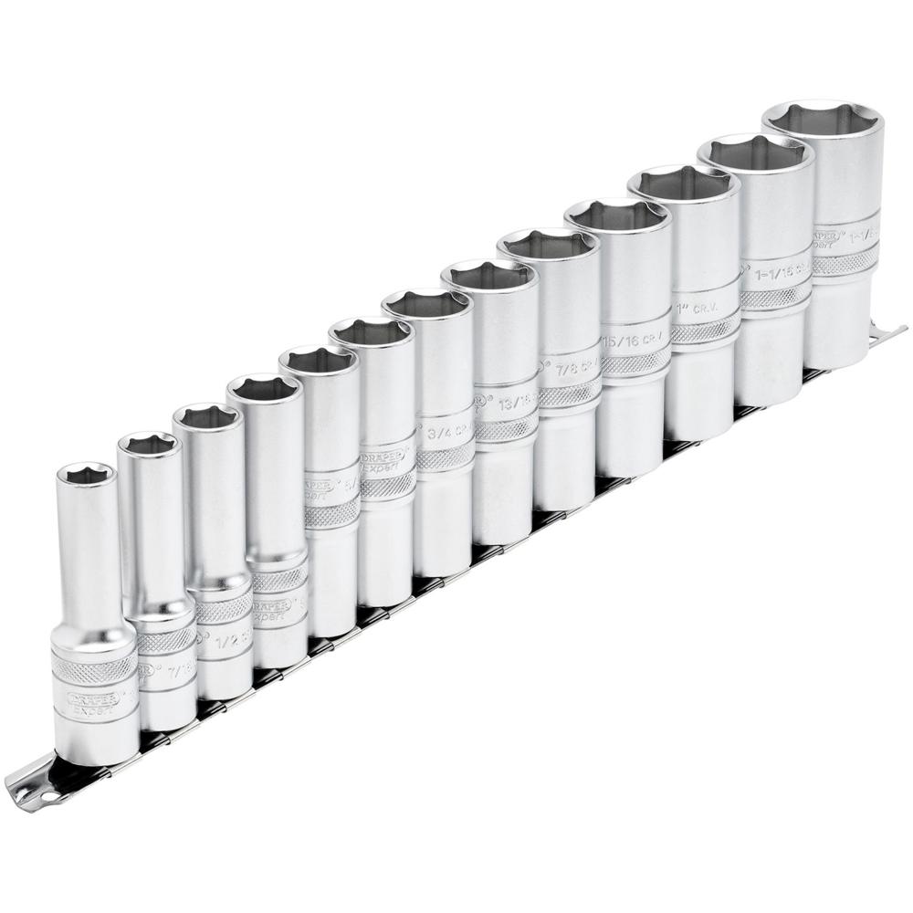 Expert 13 Piece 1/2" Drive Deep Socket Set Imperial on Rail