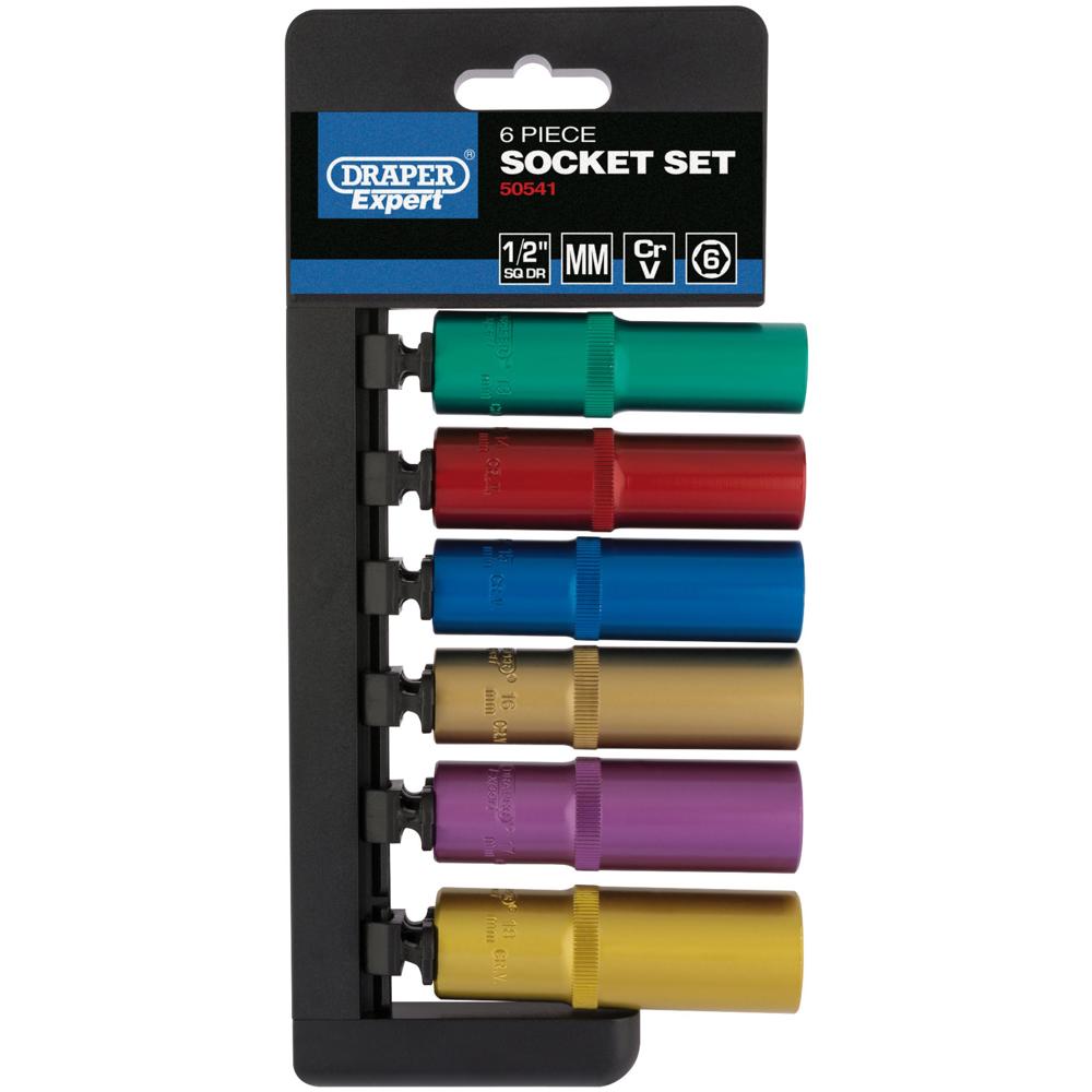 Draper Expert 6 Piece 1/2" Drive Coloured Deep Hex Socket Set Metric 1/2