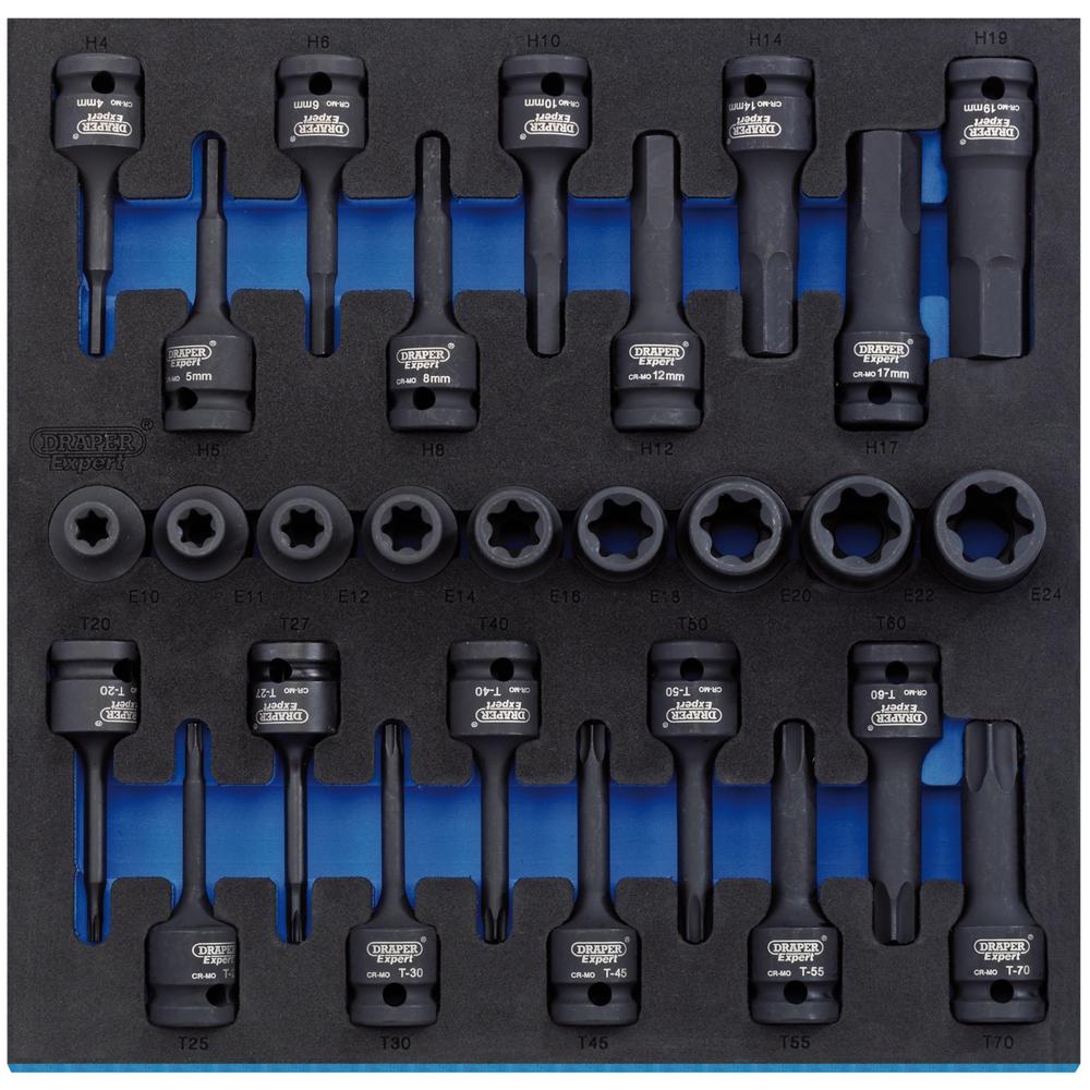 Draper 28 Piece 1/2" Drive Impact Torx Hex Socket Set In Eva Insert Tray 1/2