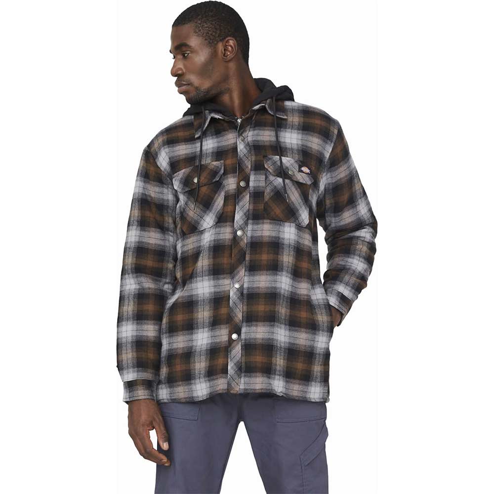 Image of Dickies Hooded Fleece Flannel Shirt Jacket Black / Timber L