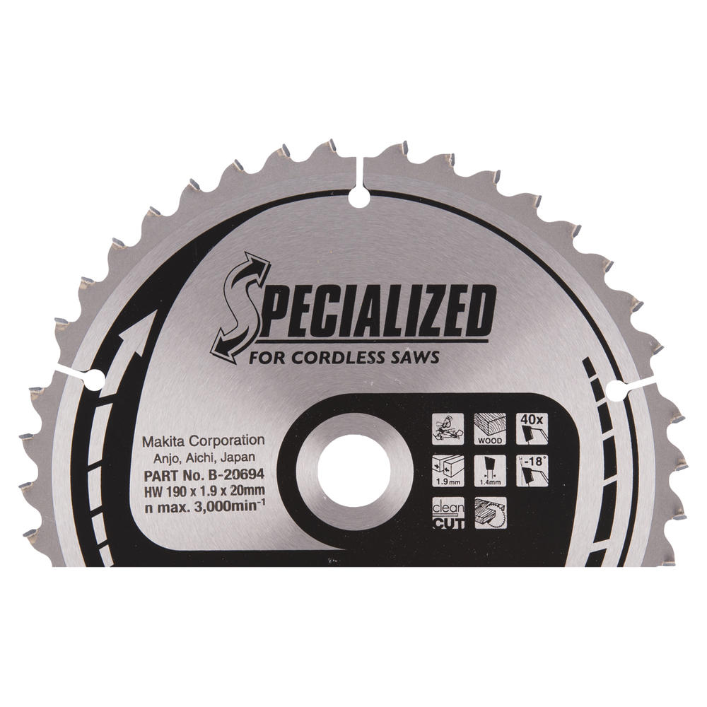 Makita SPECIALIZED Cordless Wood Cutting Saw Blade 190mm 40T 20mm