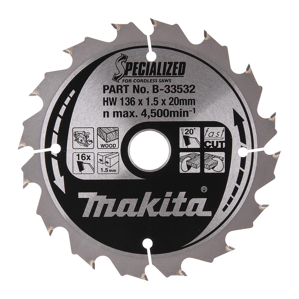Makita SPECIALIZED Cordless Circular Saw Blade for Wood Cutting 136mm 16T 20mm