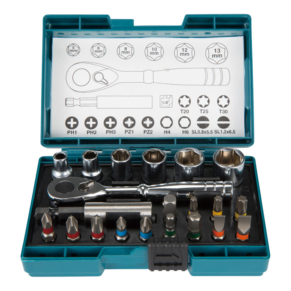 Image of Makita 21 Piece 1/4" Drive Mini Socket and Screwdriver Bit Set 1/4"