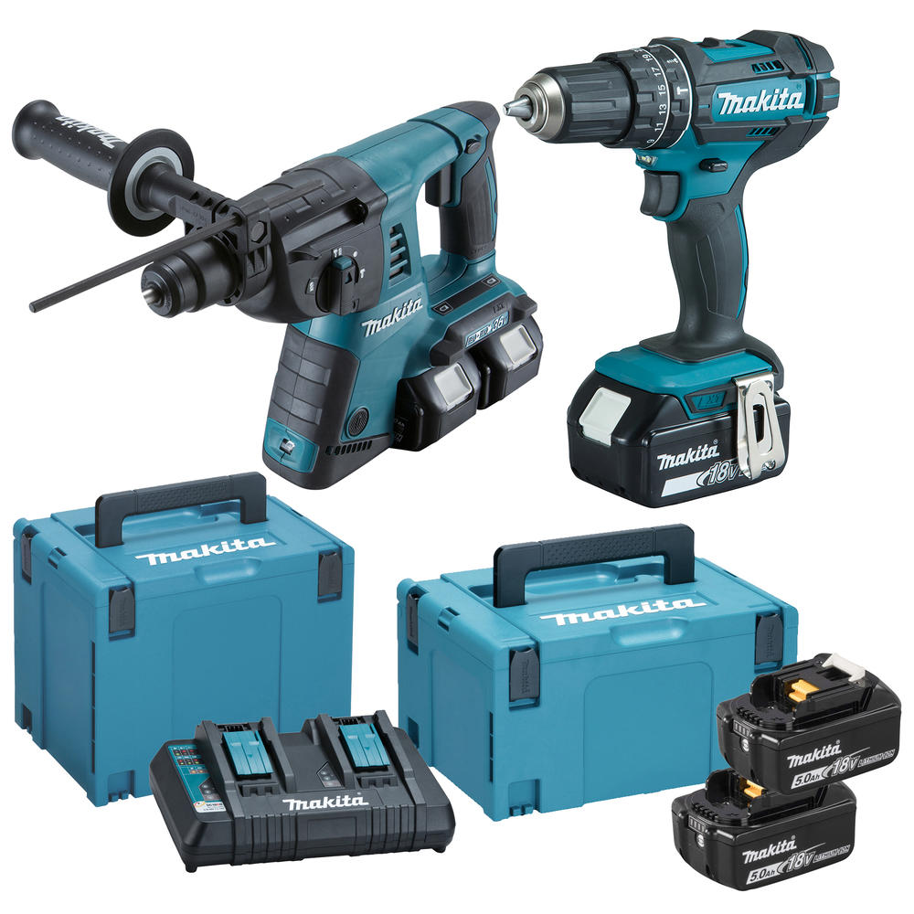 Makita DLX2137PTJ 18v LXT Cordless SDS Plus and Combi Drill Kit 4 x 5ah Li-ion Battery Charger Case