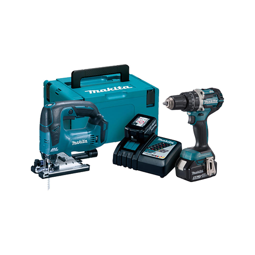 Makita DLX2202TJ1 18v LXT Cordless Brushless Combi Drill and Jigsaw Kit 2 x 5ah Li-ion Battery Charger Case
