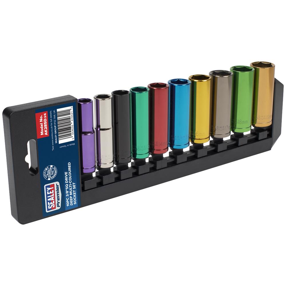 Sealey 10 Piece 3/8" Drive Coloured Deep HeX WallDrive Socket Set Metric 3/8
